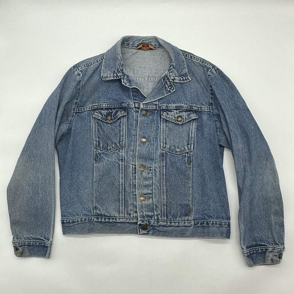 Vintage Rustler USA Made Size Large Denim Faded Distressed Trucker Jean Jacket